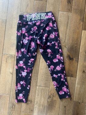PINK Victoria's Secret Black Leggings with Pink Floral Print